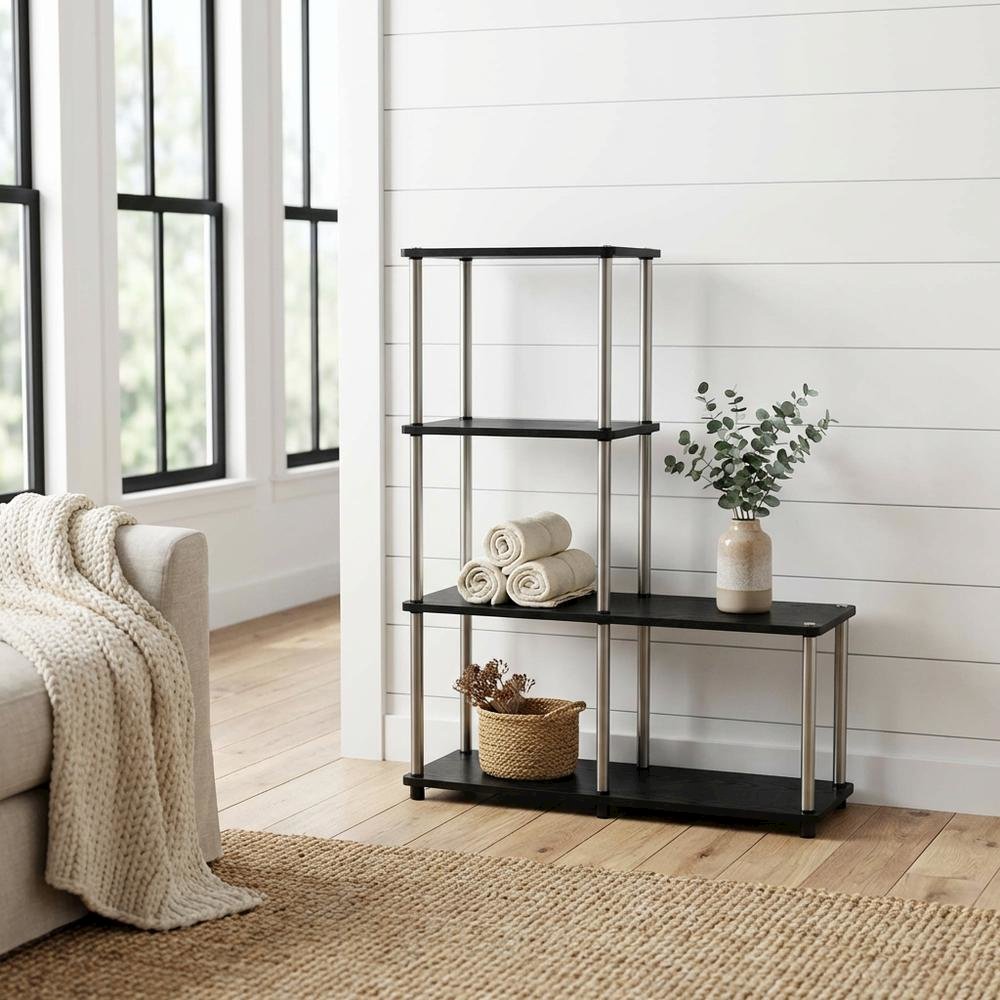 Multishelf L-Shaped Bookshelf with Melamine Veneer and Steel Poles