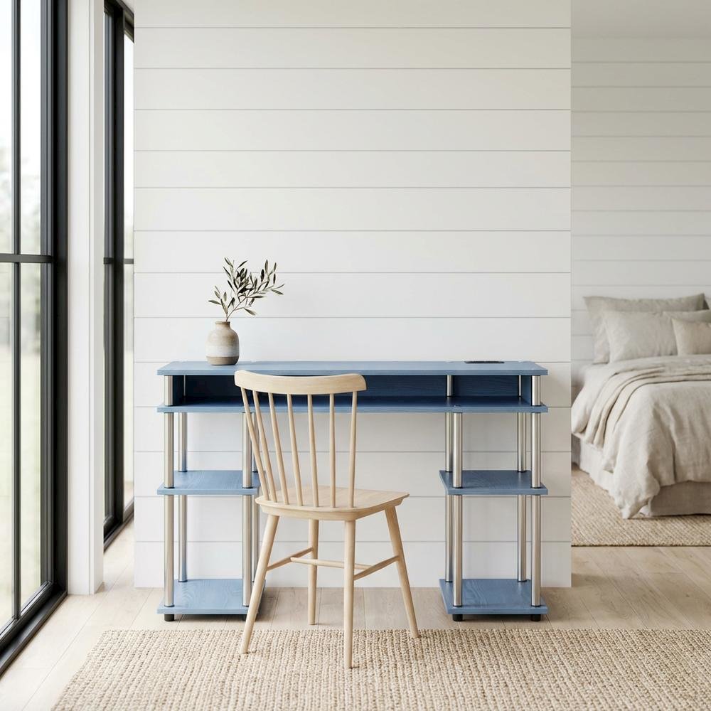 Blue Student Desk, Charging Station And Spacious Surface For Study
