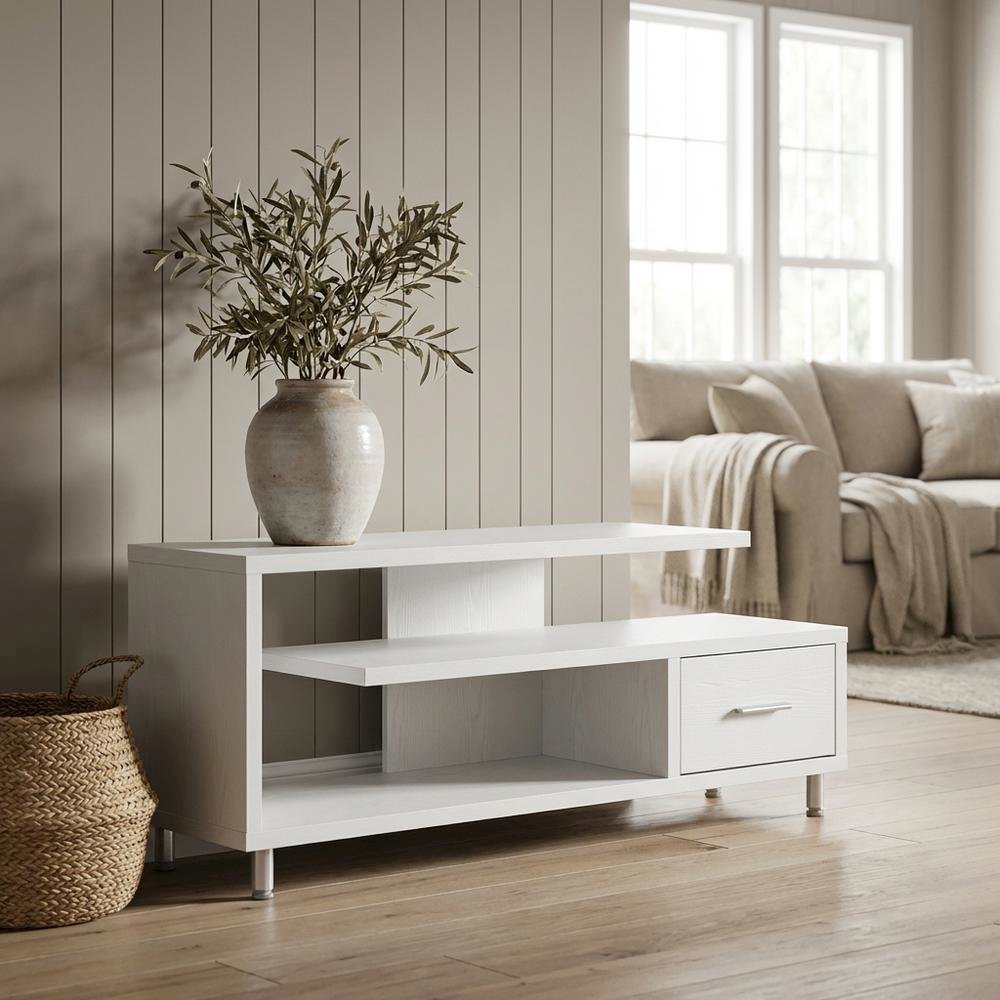 White 1-Drawer TV Stand with Shelves for TVs Up to 65 Inches, Contemporary Style