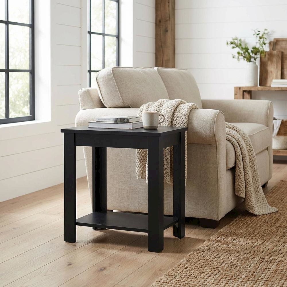 Slim Chairside Table, Black, Bottom Shelf, Quick Setup