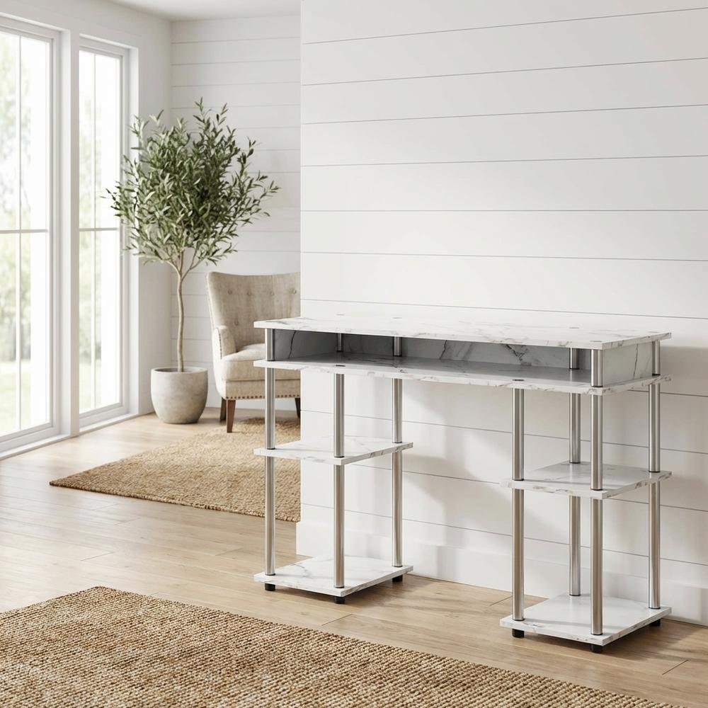 White Marble Student Desk, Integrated Charging Station For Efficient Workspace