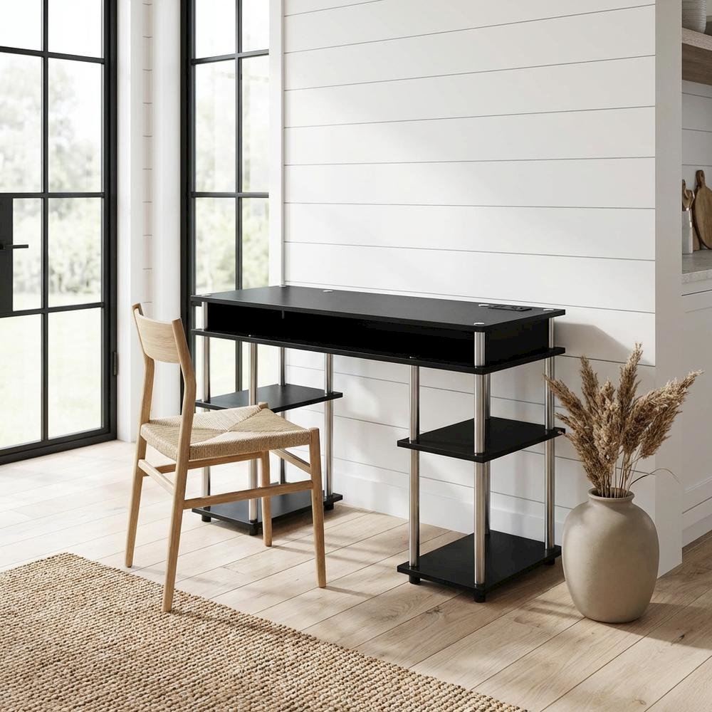 Contemporary Black Student Desk With Charging Station For Home Or Office Use