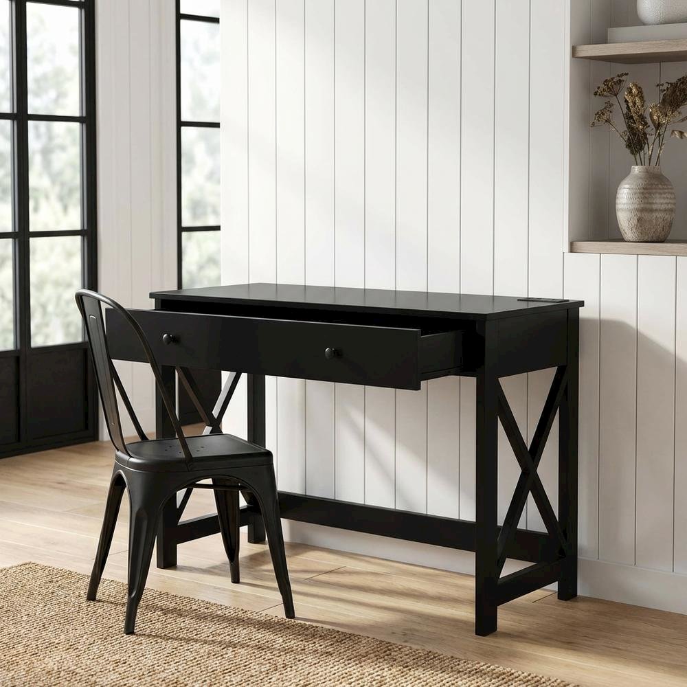 Black 42-Inch Office Desk With Built-In Charging Station And Mdf Construction