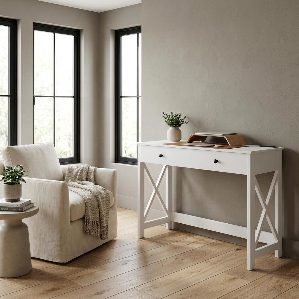 White Office Desk With Charging Station And Mdf Surface For Workspace