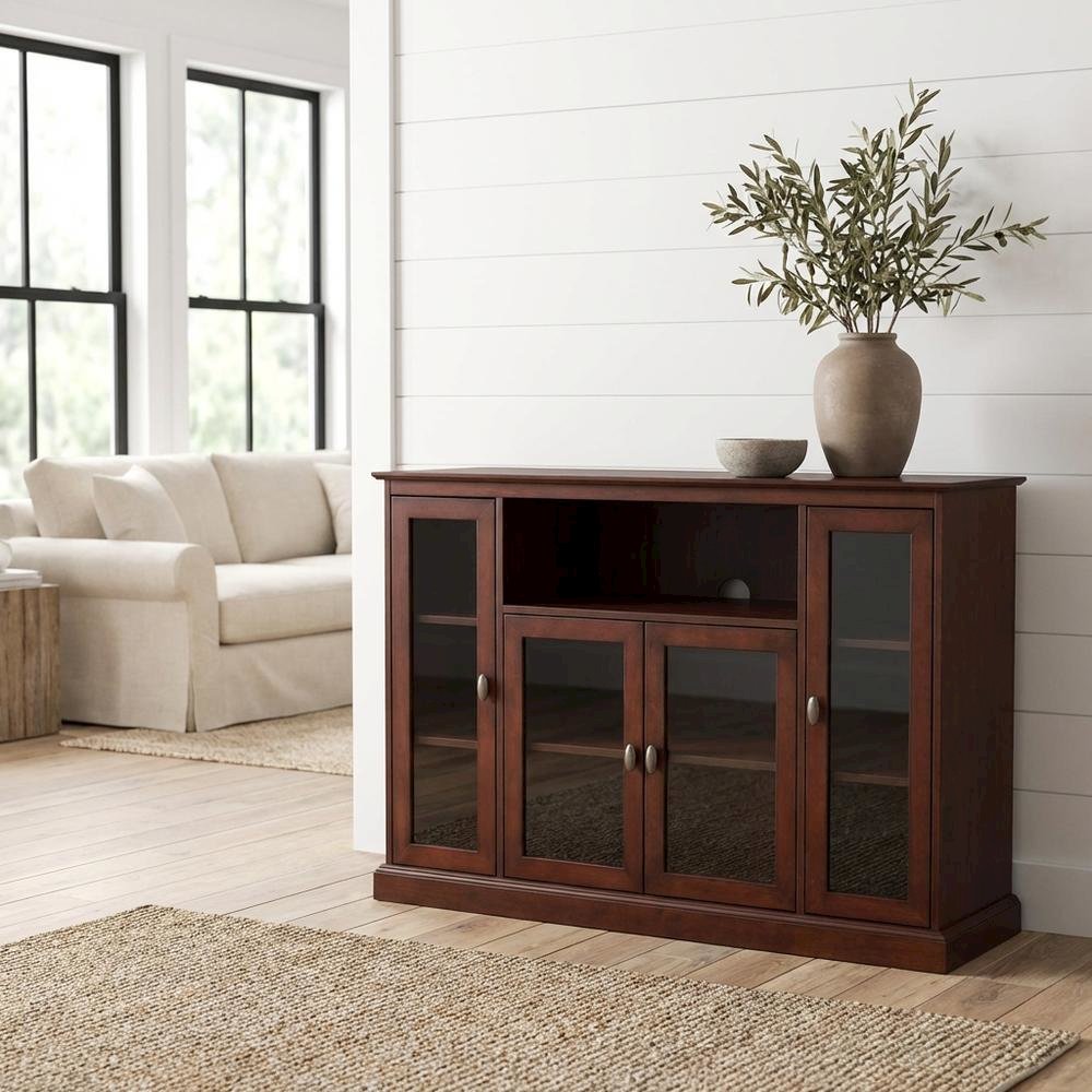 Espresso Highboy TV Stand with MDF and tempered glass for 55-inch TVs