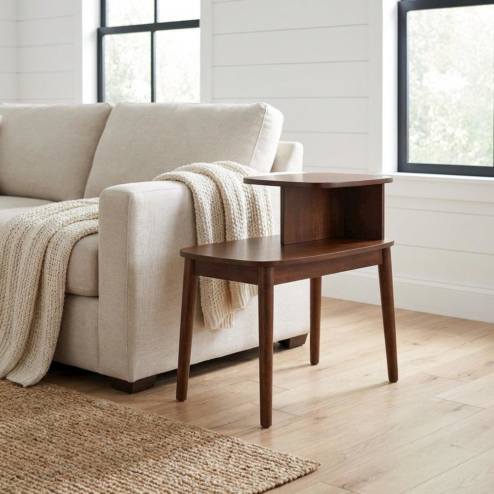 Mid-Century End Table, Brown, 2 Tier Shelf, Solid Wood Legs