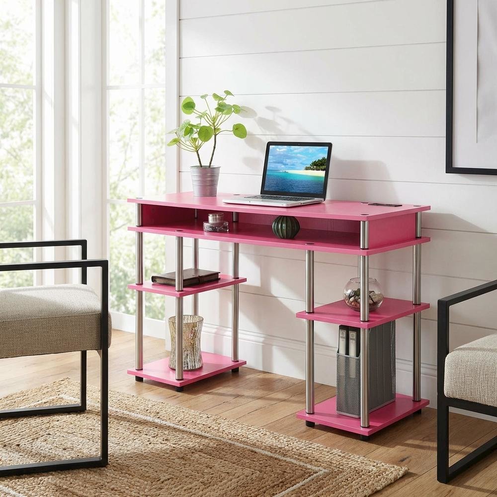 Pink Student Desk With Built-In Charging Station For Home Or School Use