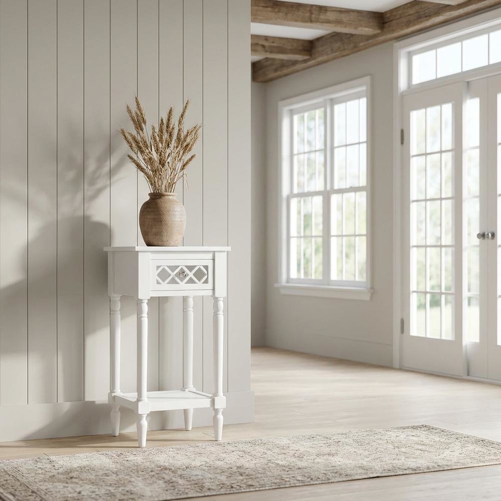 White Traditional Accent Table with Drawer and Shelf for Living Room