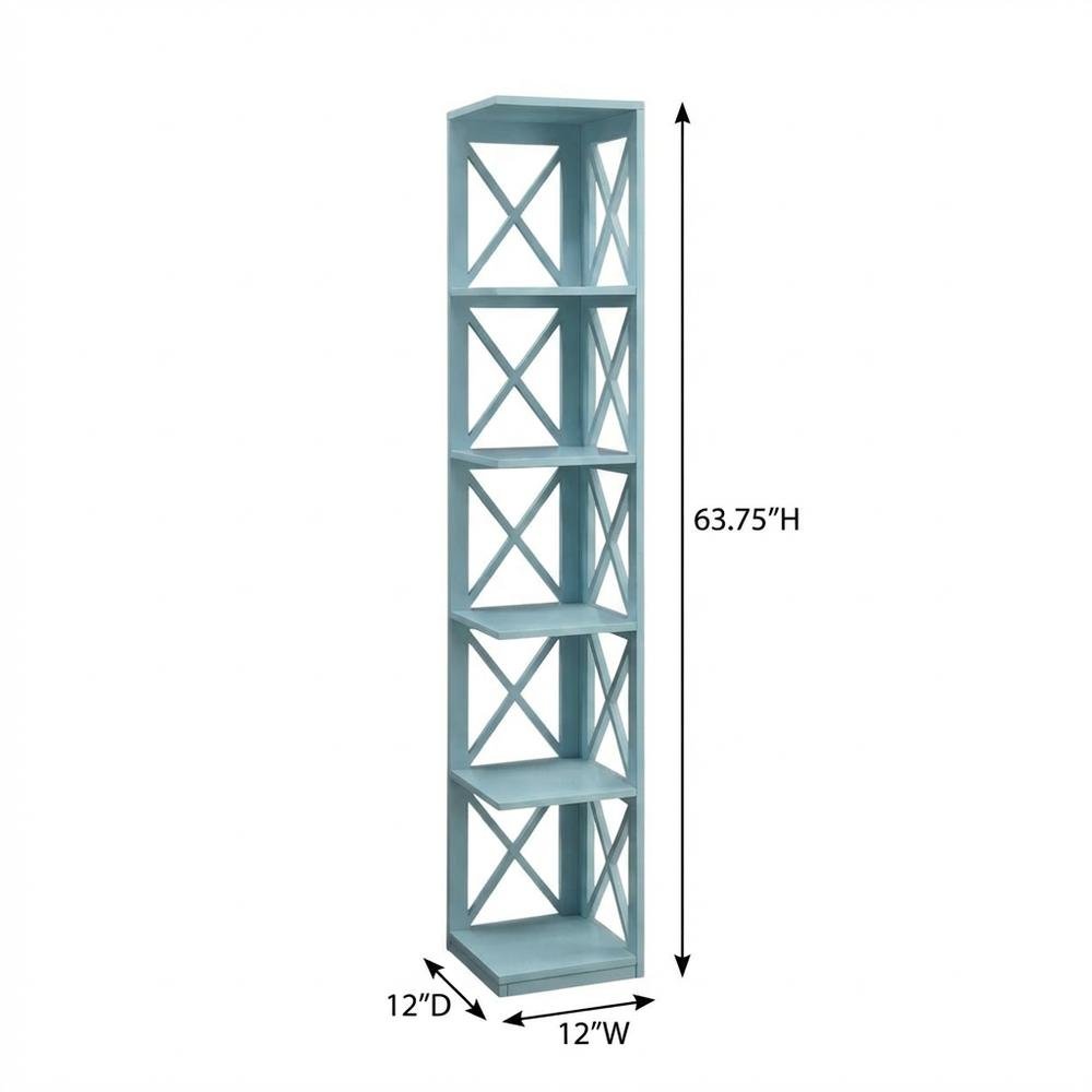 Corner bookcase in sleek finish with five sturdy tiers for versatile storage