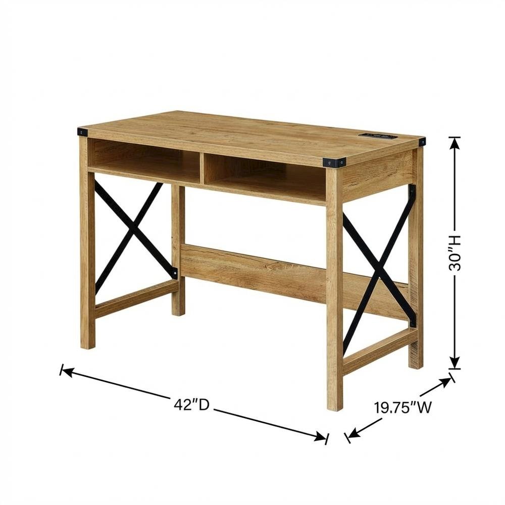 Sturdy Black And Oak Office Desk With Charging Station And Modern Design
