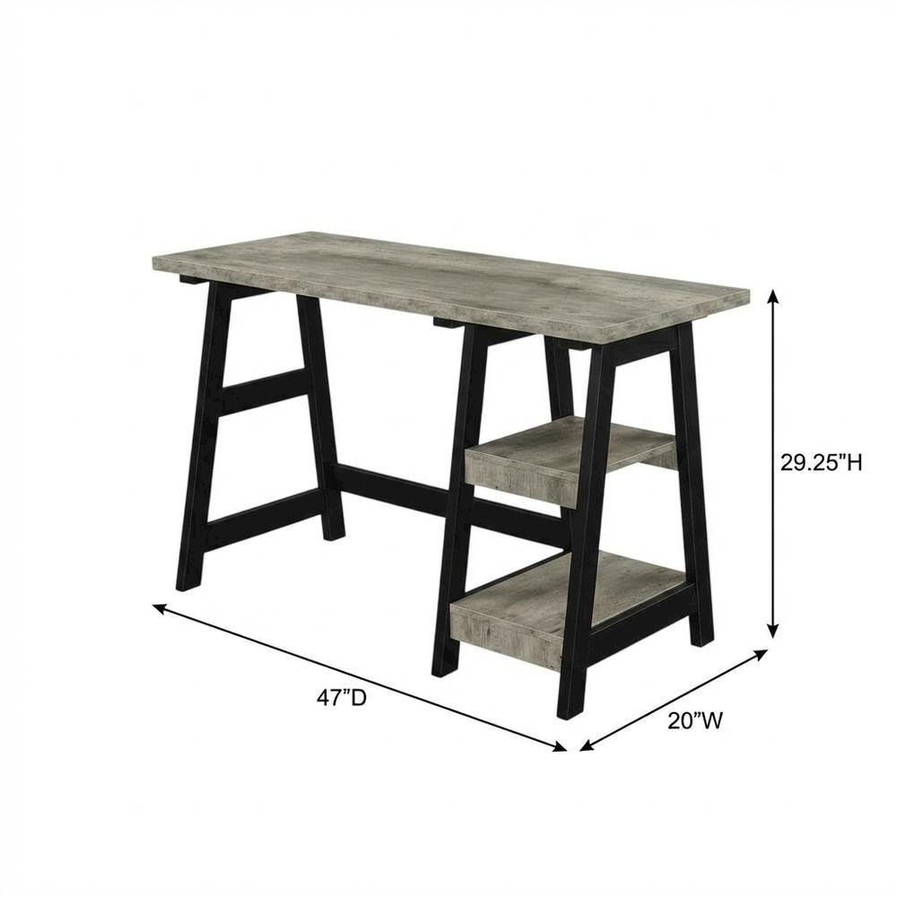 Modern Trestle Desk With Shelves In Faux Birch And Black Finish For Office Space