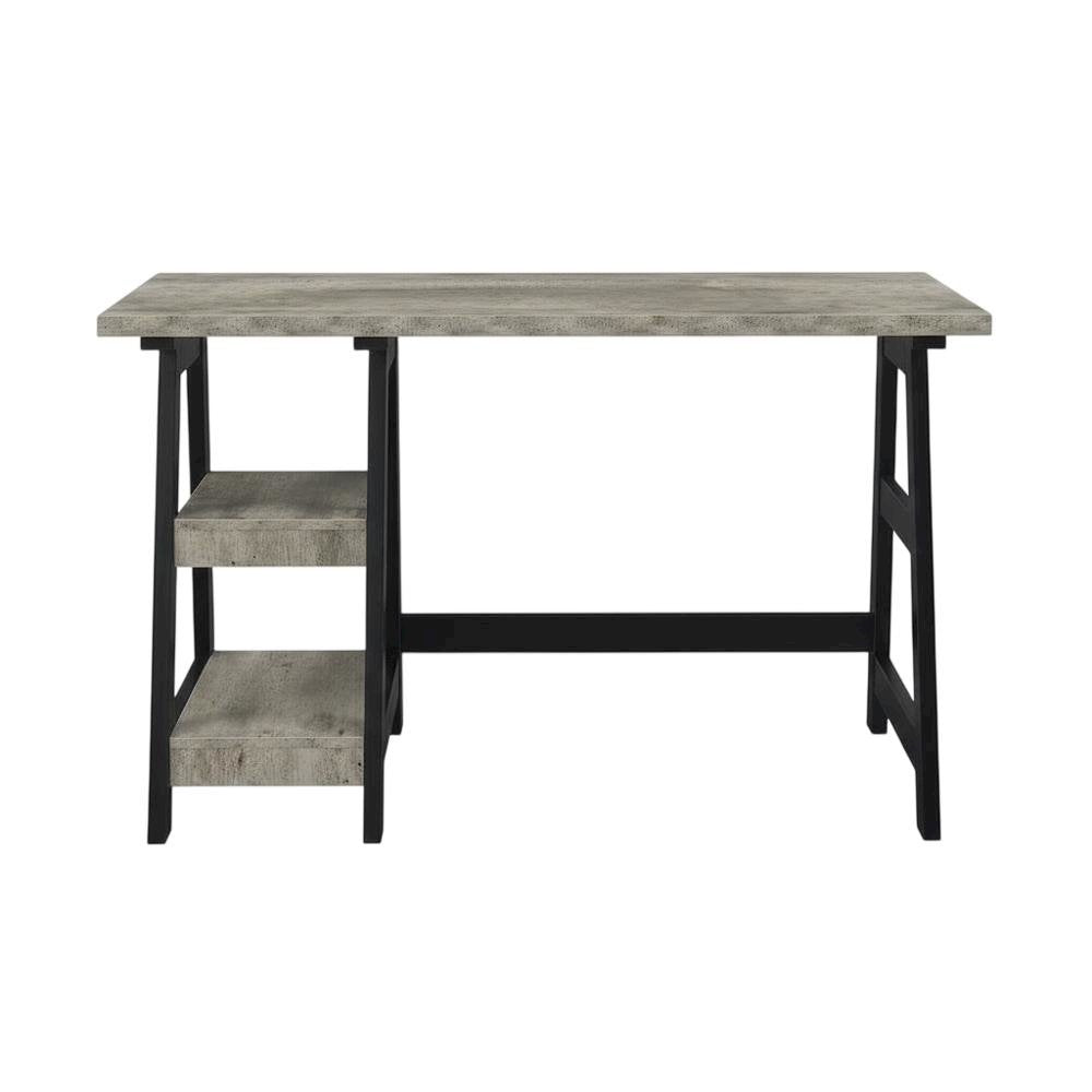 Modern Trestle Desk With Shelves In Faux Birch And Black Finish For Office Space