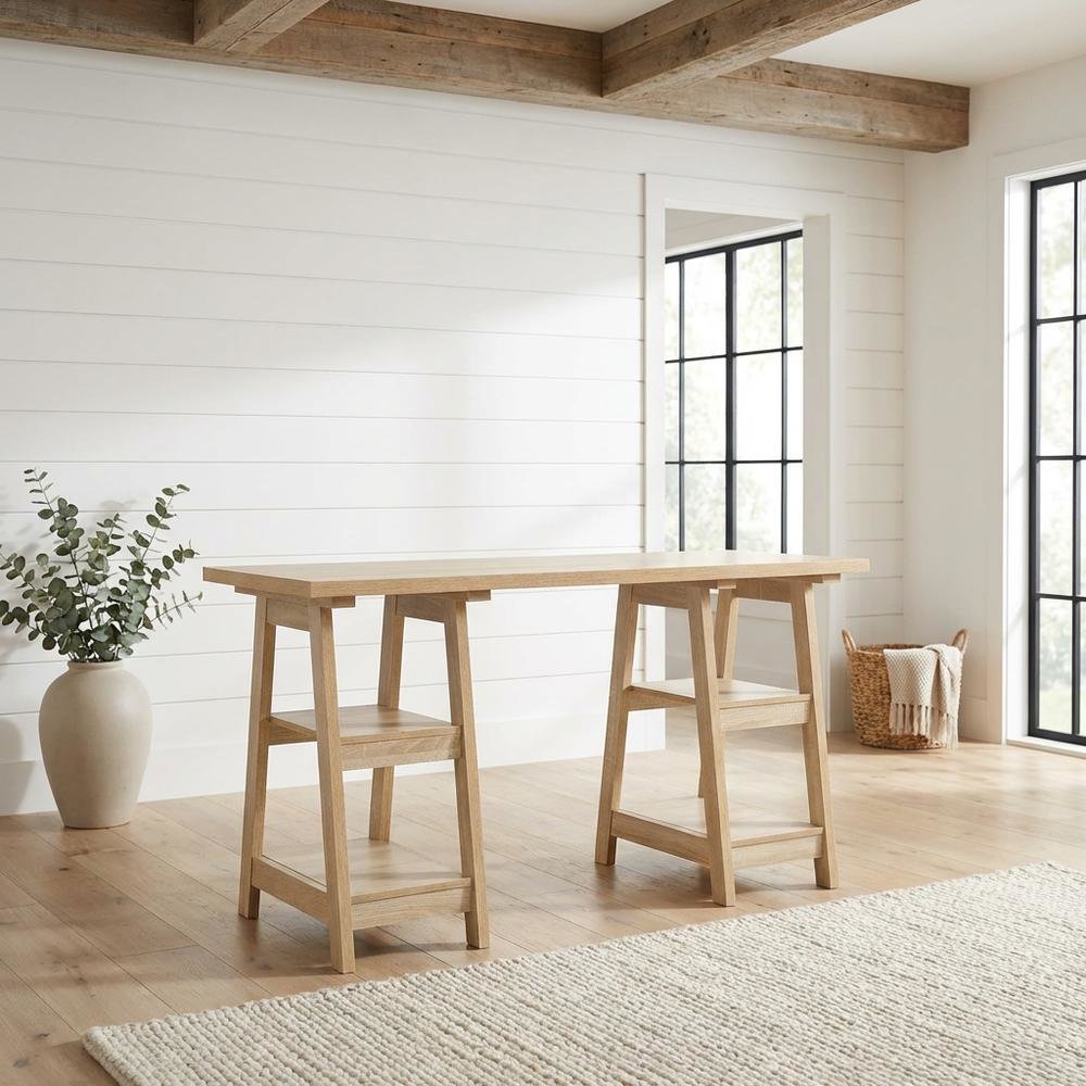 Modern Distressed Wood Desk With Shelves, Mdf And Melamine Construction
