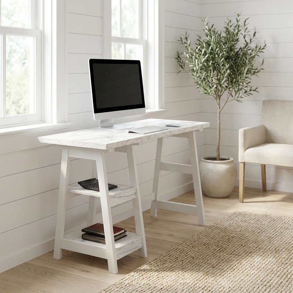 White Faux Marble Trestle Desk With Shelves And Mdf Construction