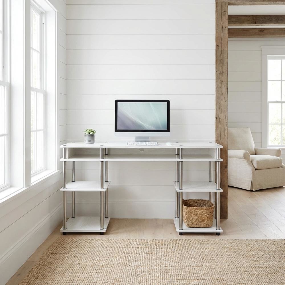 White Student Desk With Shelves, 60-Inch Deluxe Workspace With Melamine Surface