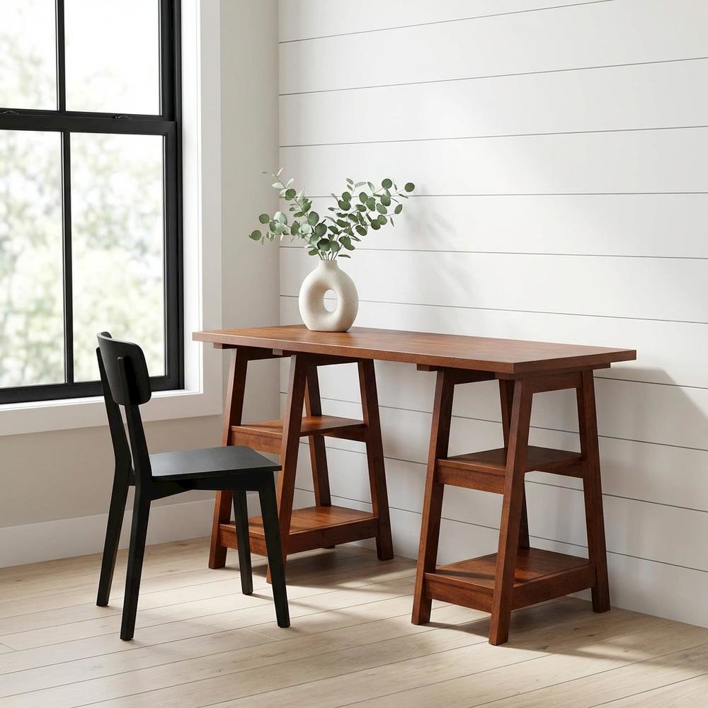 Modern Double Trestle Desk With Shelves In Distressed Finish