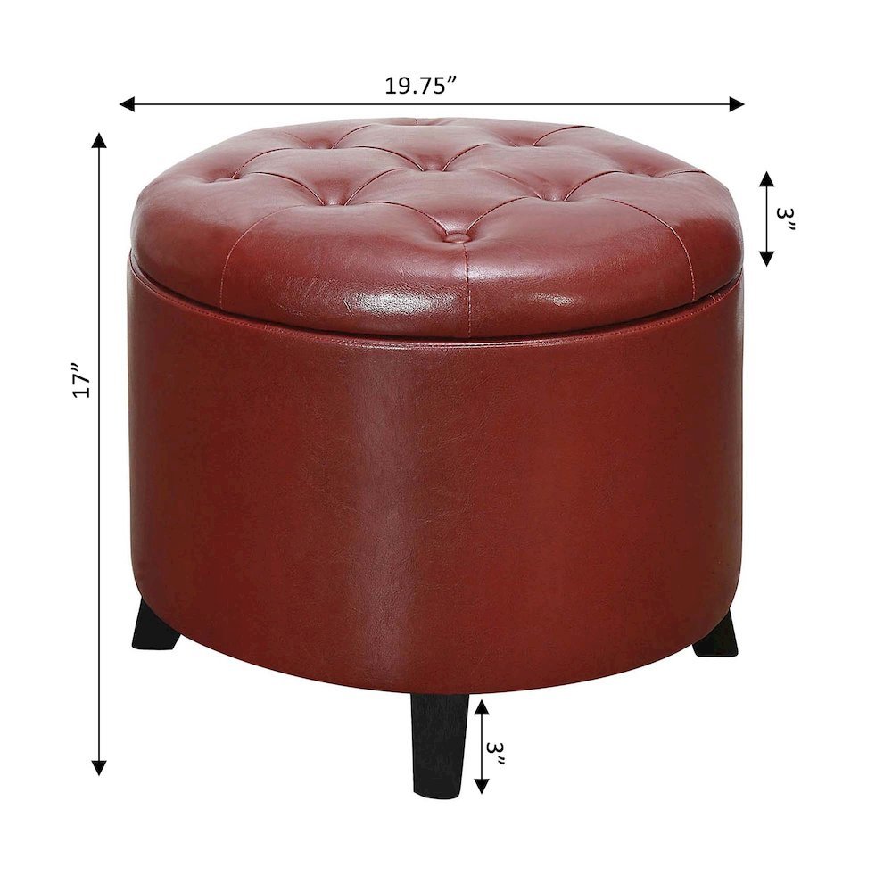 Round Storage Ottoman Removable Lid, Red Faux Leather, Foam Top, 19.75-inch Wide