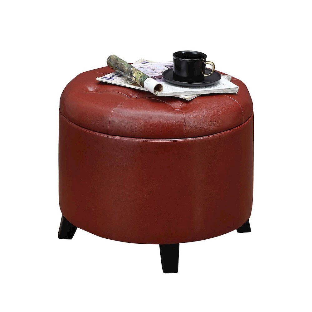 Round Storage Ottoman Removable Lid, Red Faux Leather, Foam Top, 19.75-inch Wide