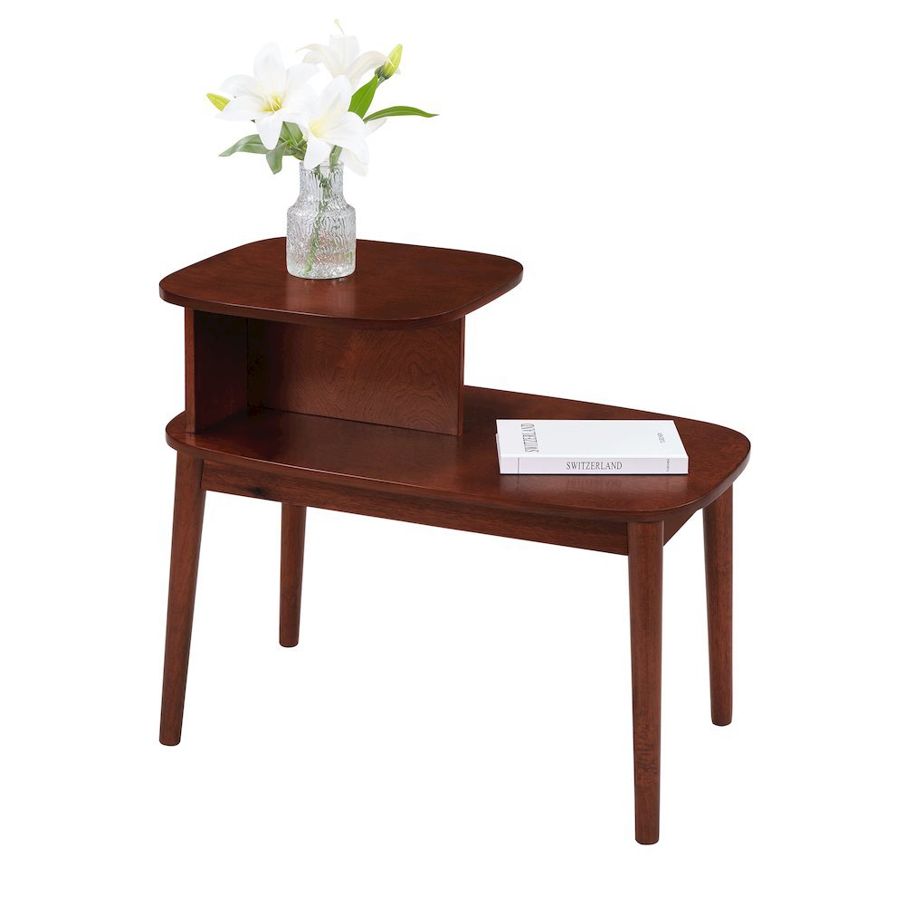 Mid-Century End Table 2 Tier Shelving, Red Wood Finish, Spacious Design, 28"