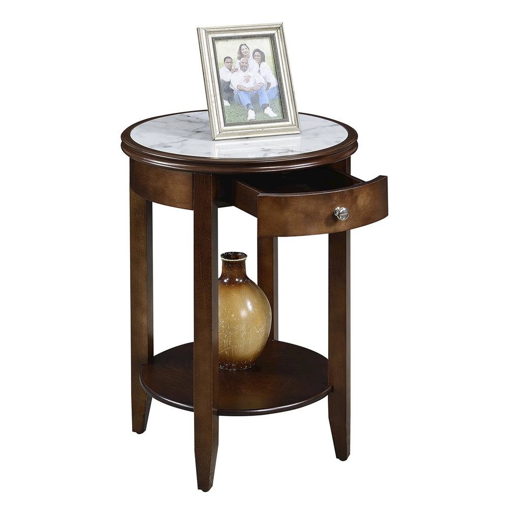 Faux Marble End Table, White, Drawer, Shelf, Espresso Wood