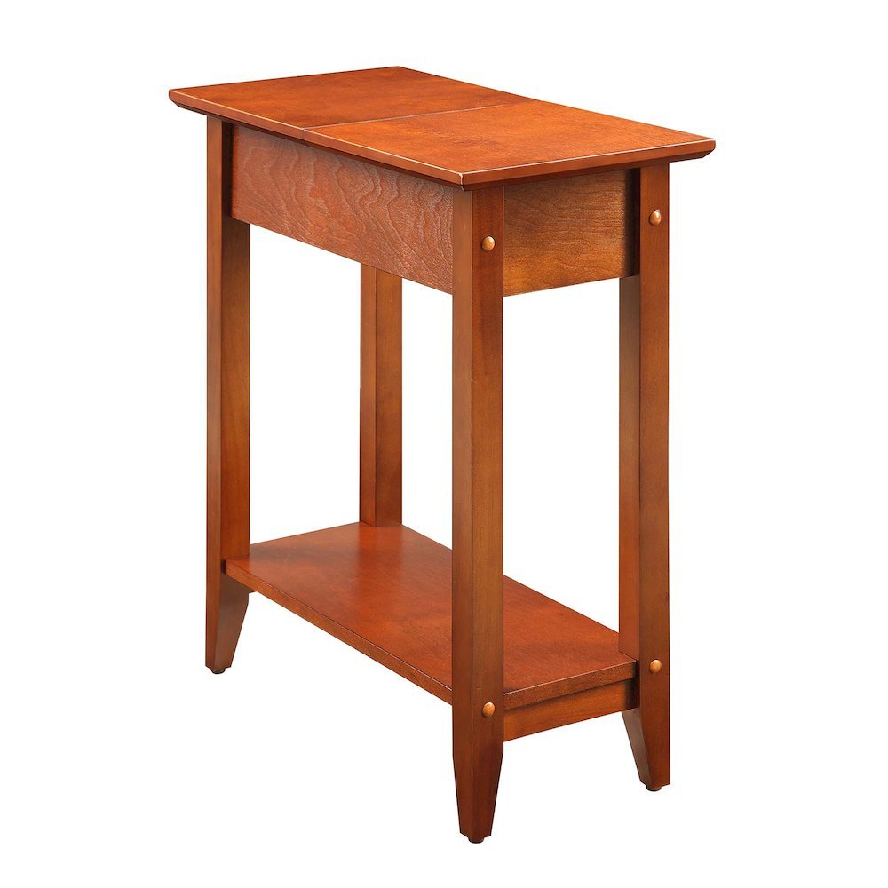 Flip-Top Wood End Table with Hidden Storage and Shelf, Brown Finish 24-inch High