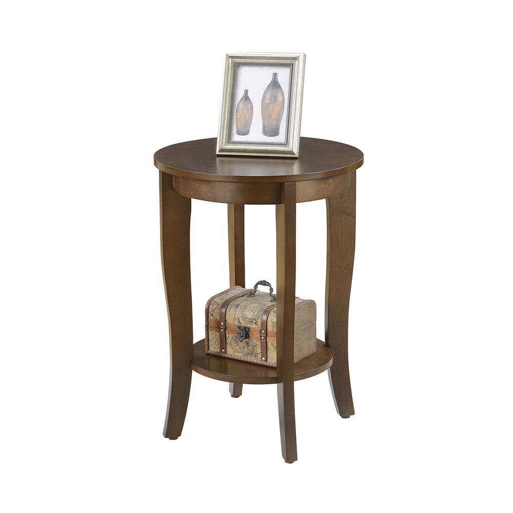 Round Accent Table Modern Design, Bottom Shelf for Display, Brown Wood, 24-inch