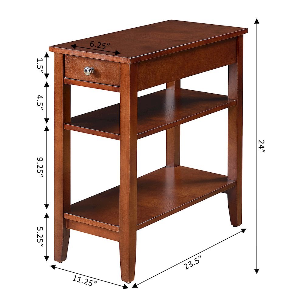 Chairside End Table with 3 Shelving Tiers, Red Wood, Drawer for Concealed Items