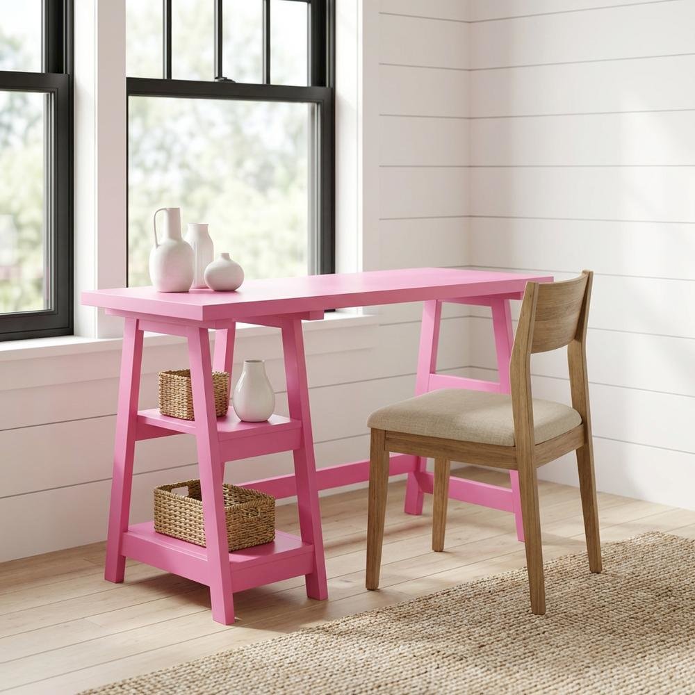 Pink Trestle Desk with Shelves, Stylish Workspace for Home and Office