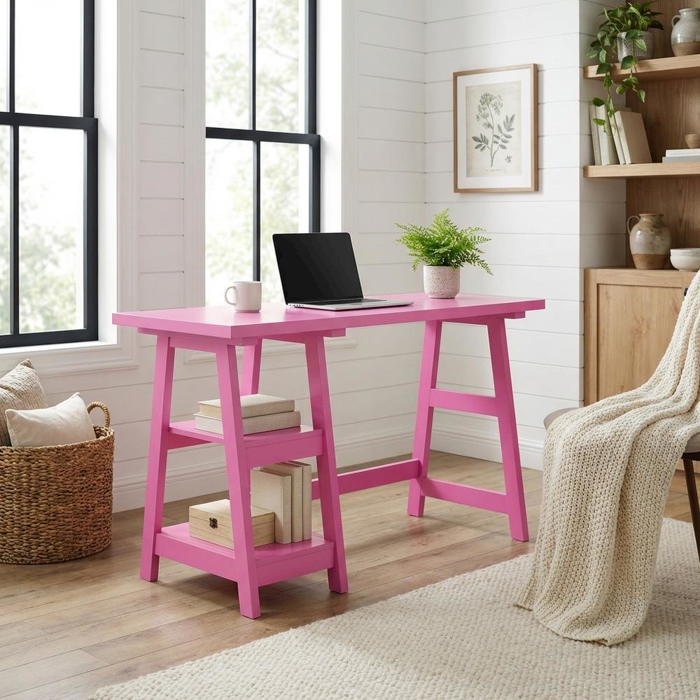 Pink Trestle Desk with Shelves, Stylish Workspace for Home and Office