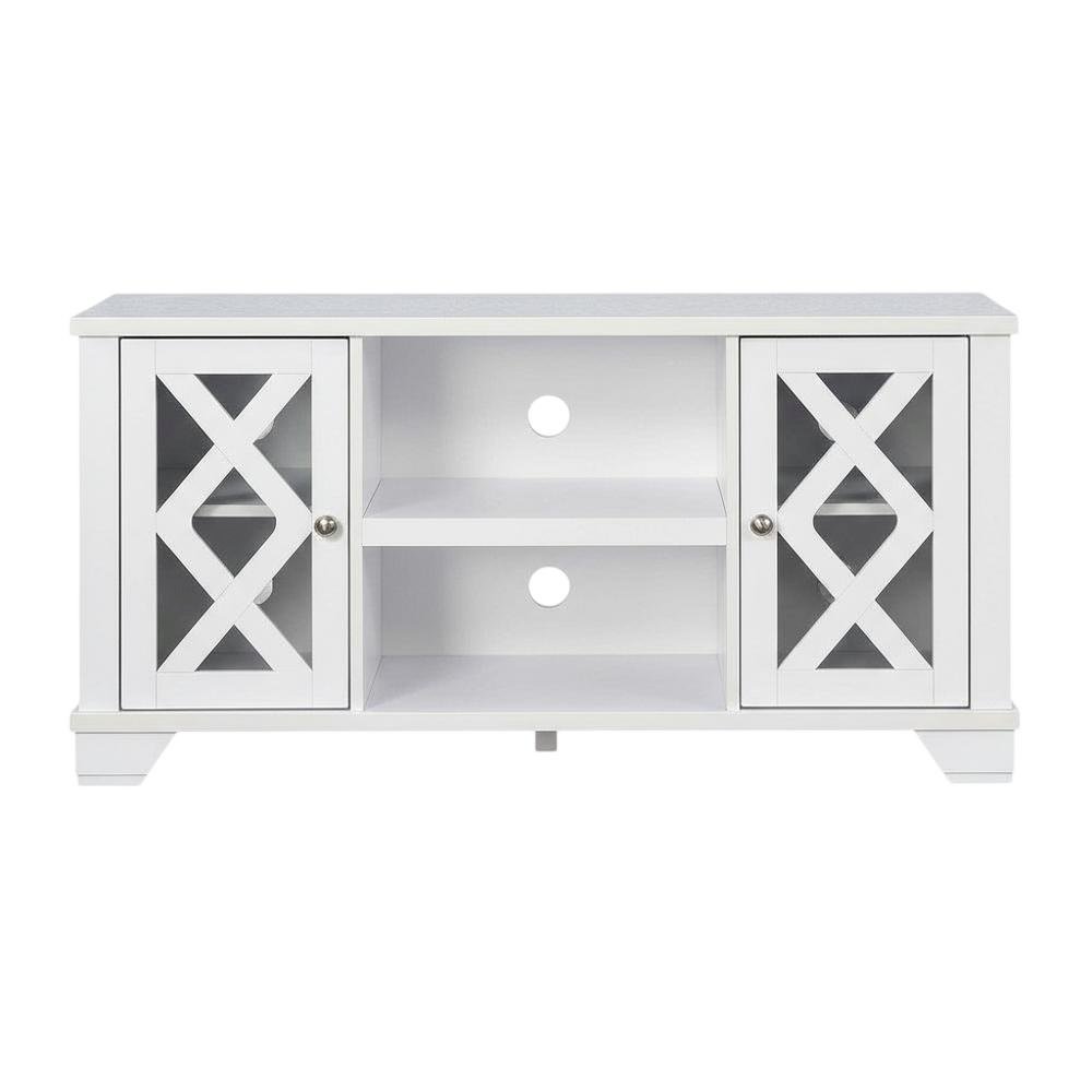 White TV stand with storage cabinets and open shelves for 55-inch TVs