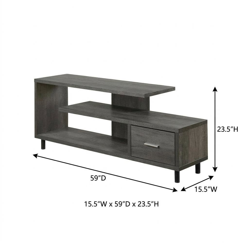 Gray TV stand with 1 drawer and shelves for 65-inch TVs, modern style
