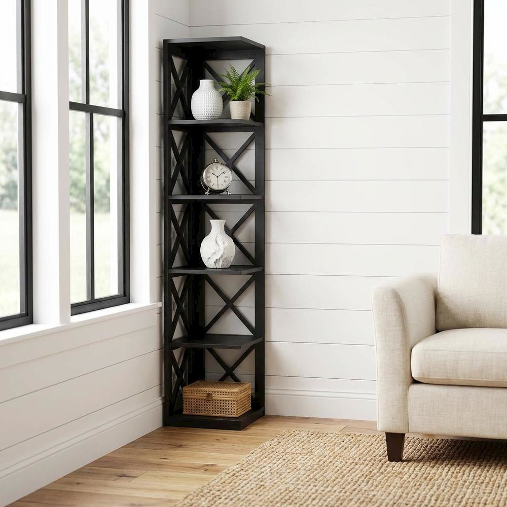 Wooden 5-Tier Corner Bookcase with Non-Lead Base Paint Finish, Spacious Storage