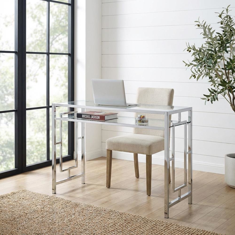 Contemporary Chrome Desk With Shelf And Clear Glass Surface