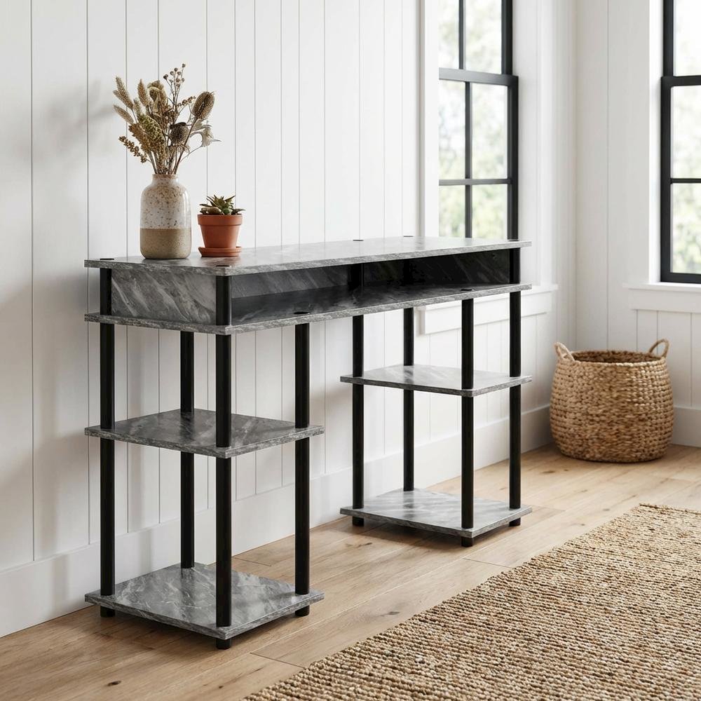 Wooden Student Desk, Shelves, Melamine Finish, Sturdy Stainless Steel Frame