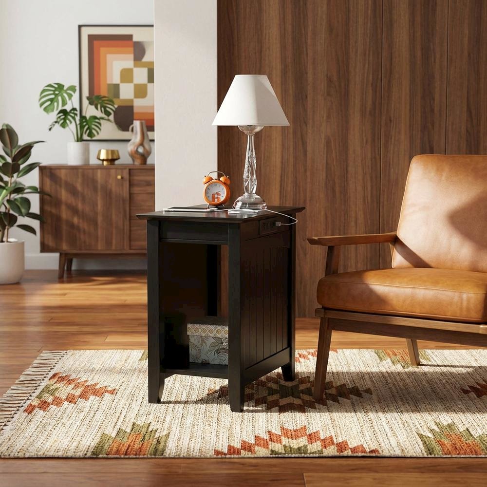 Black end table with built-in charging station and spacious shelf