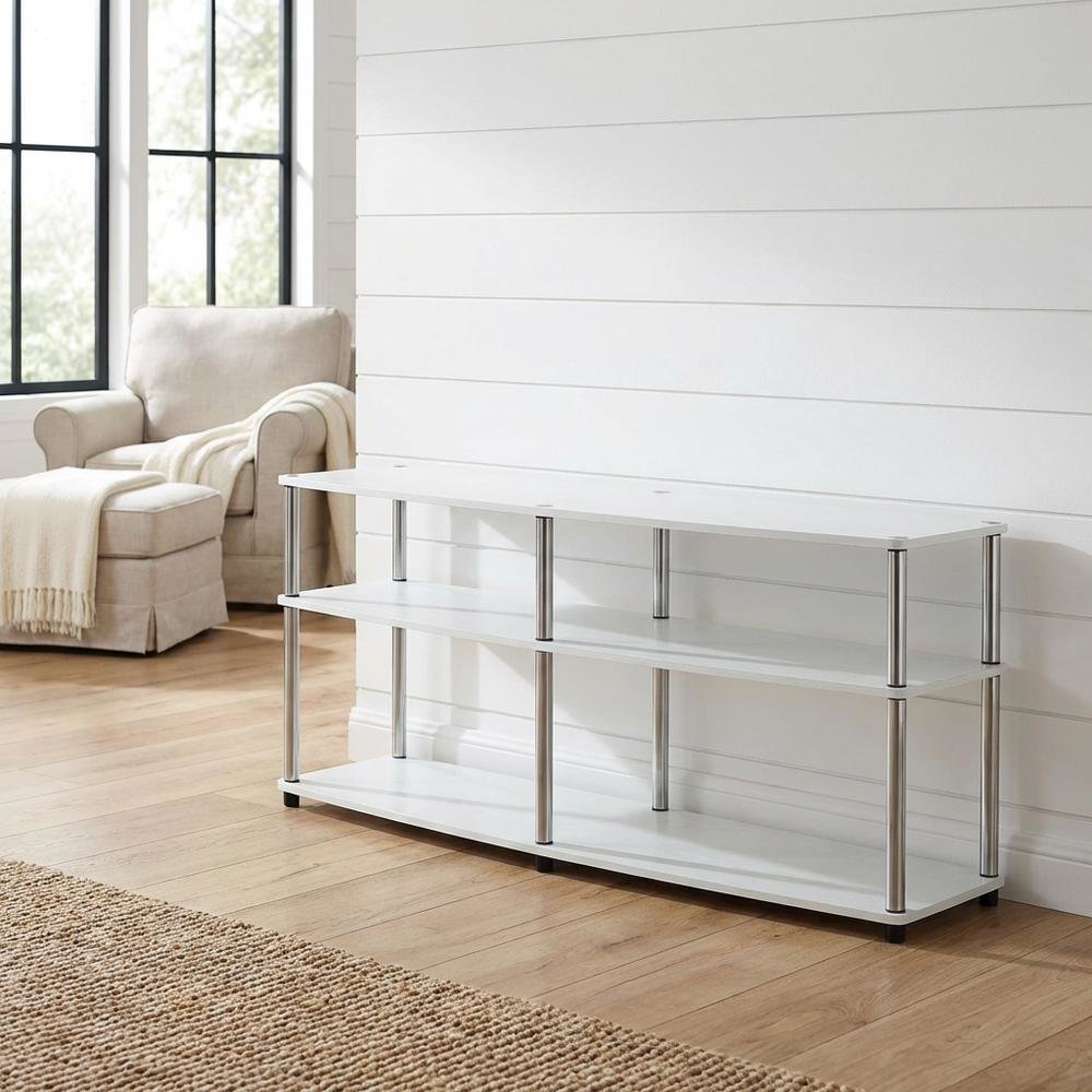 White 3-Tier TV Stand with Particle Board Construction and Stainless Steel Poles