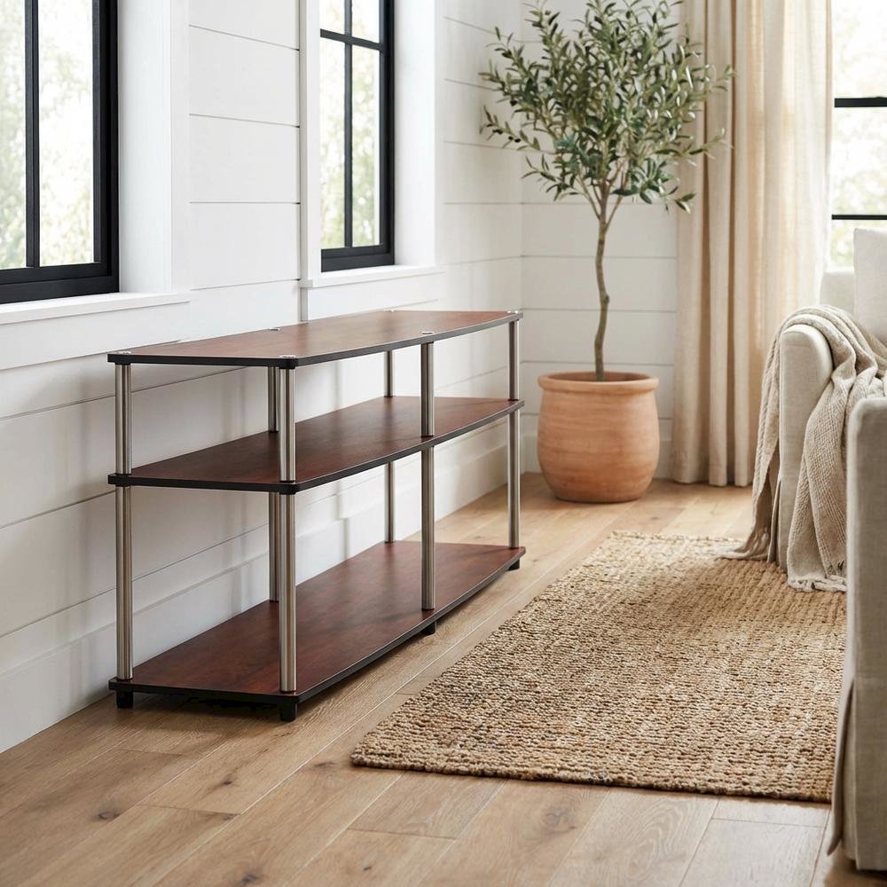 Cherry 3-tier TV stand, sturdy particle board construction, stainless steel