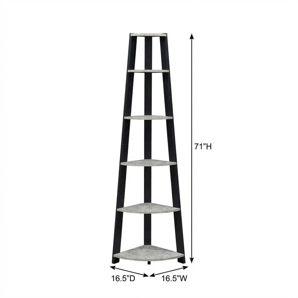 Black 5-Tier Corner Bookshelf with Faux Cement Finish and Modern Style
