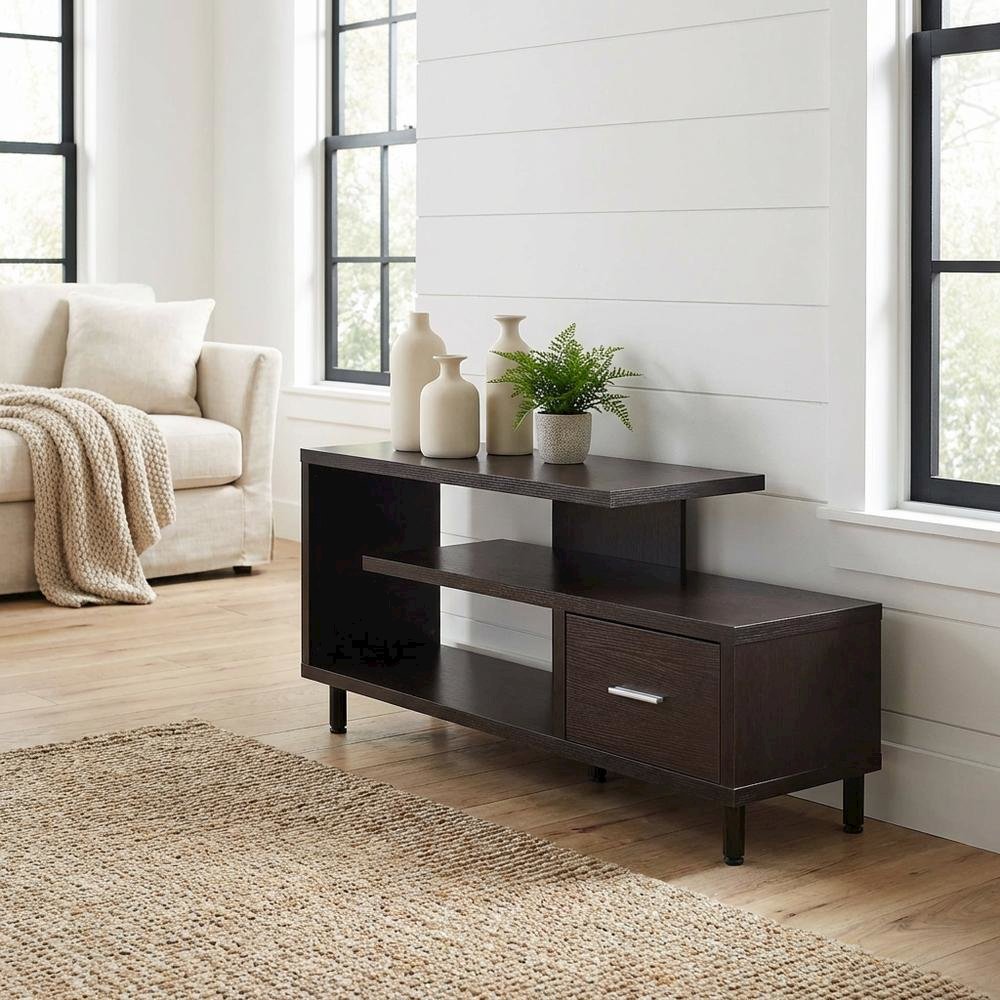 Contemporary Brown TV Stand with 1 Drawer and Shelves for Up to 65-Inch TVs