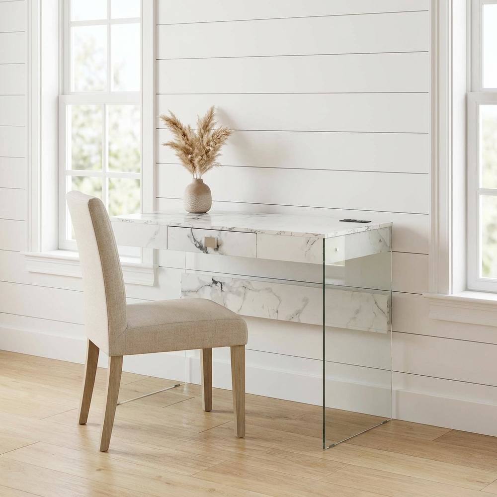 Glass Desk, Charging Station And Faux White Marble Finish For Modern Workspace