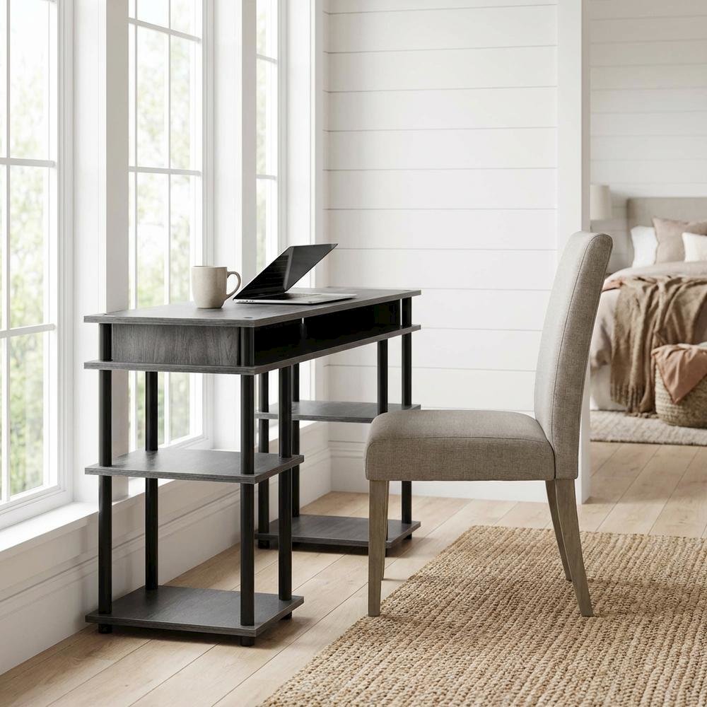 Charcoal Gray Office Desk With Modern Melamine Finish And Steel Accents