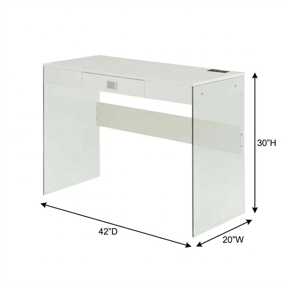 White 42 Inch Glass Desk With Built-In Charging Station And Modern Design