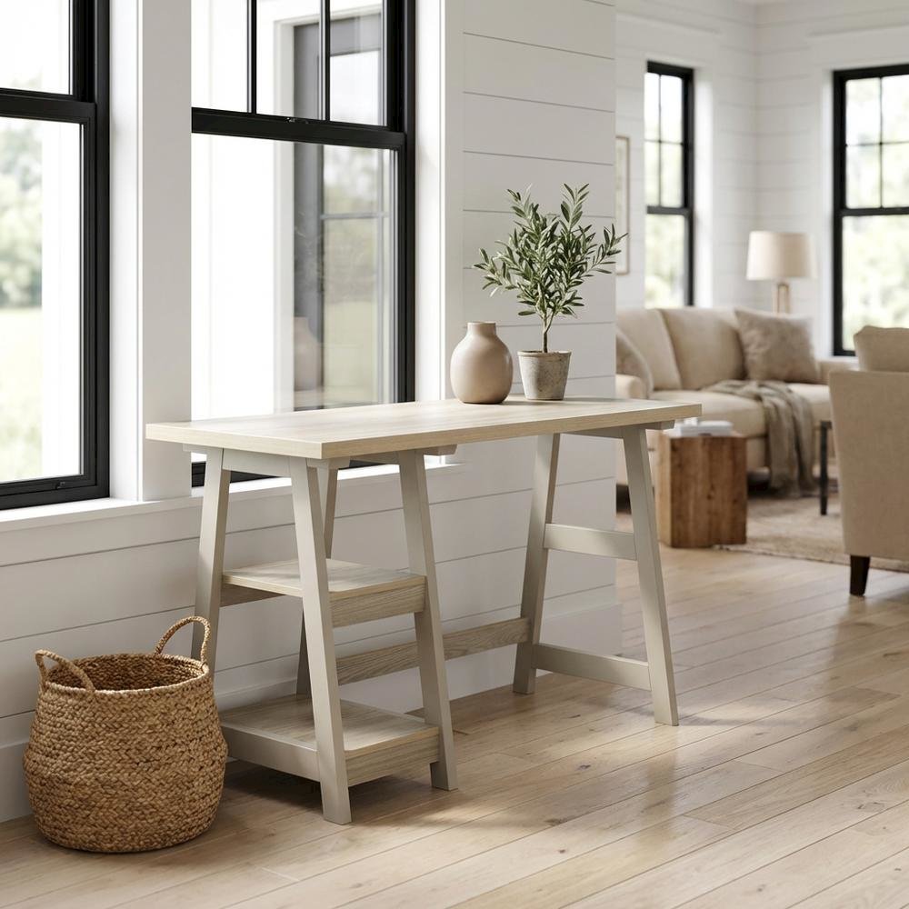 Rustic Trestle Desk With Shelves And Melamine Finish For Office Spaces