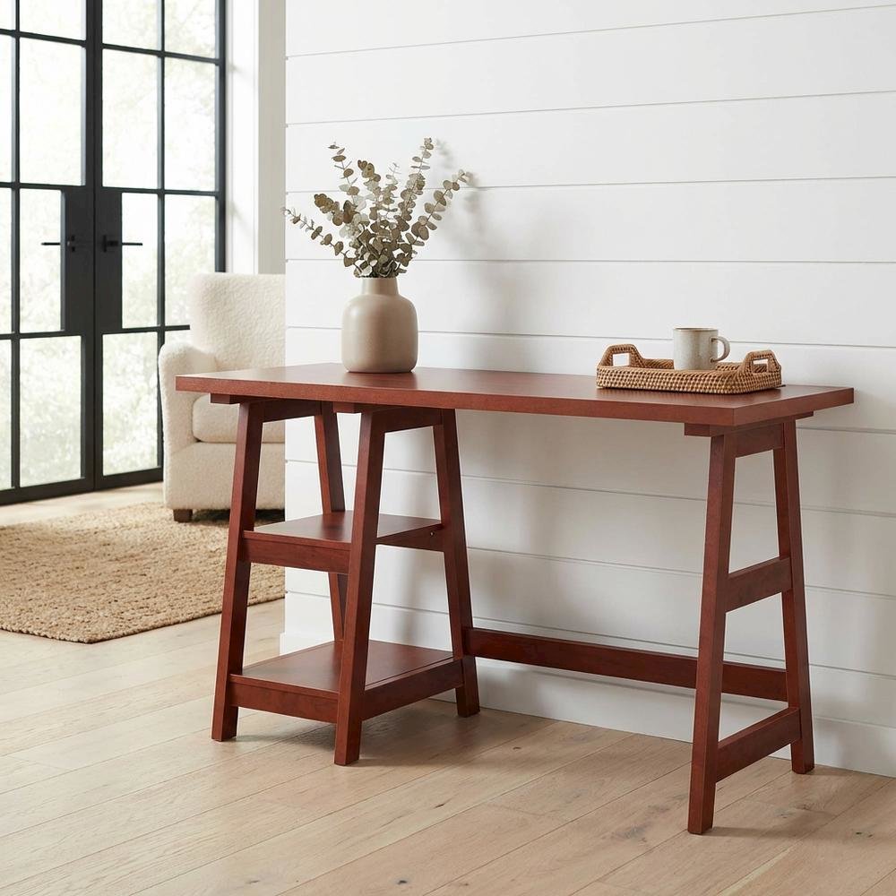 Cherry Trestle Desk, Integrated Charging Station, Melamine Finish