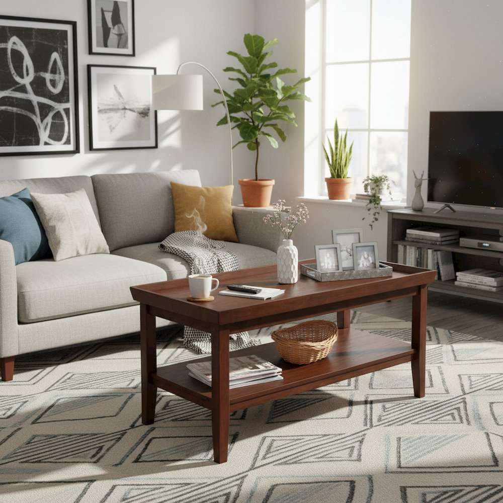 Coffee Table Raised Ledge Top, Solid Legs, Brown Finish, 42-inch Long Furniture