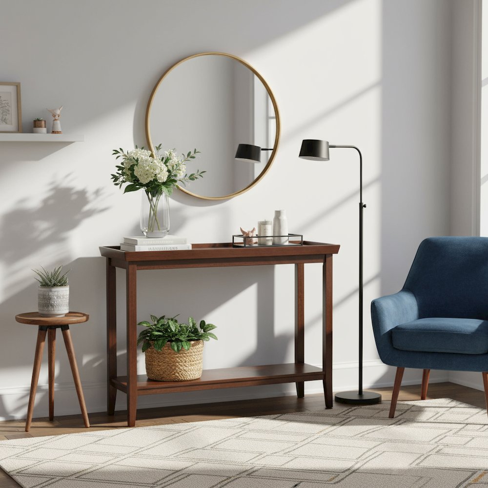 Hall Console Table with Raised Ledge Top, Solid Legs, Brown Finish, 48-inch Wide