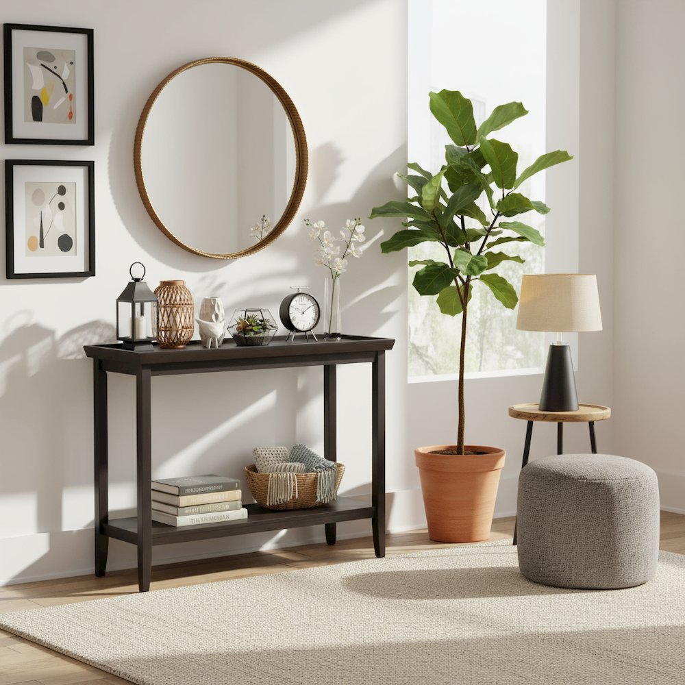 Hall Console Table with Raised Ledge Top, Solid Legs, Black Finish, 48-inch Wide