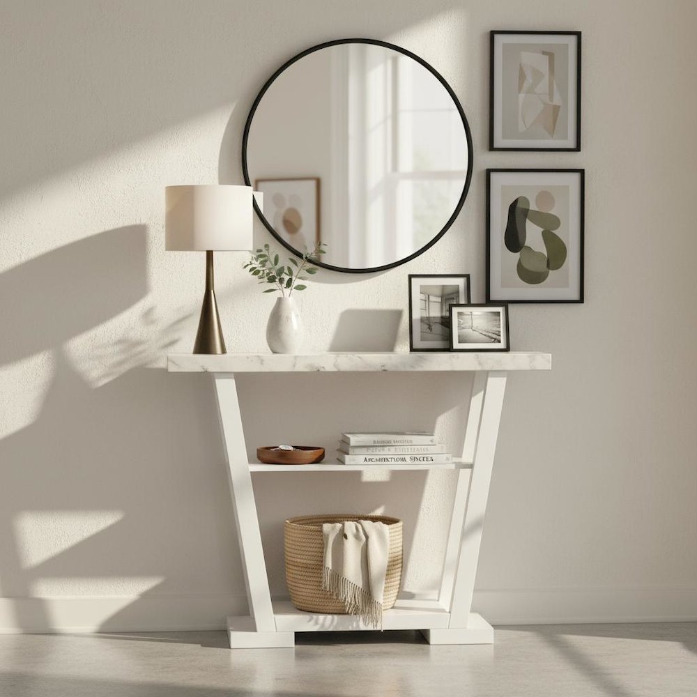 Console Table, Gray Marble, 2 Shelves, Entryway, Sofa