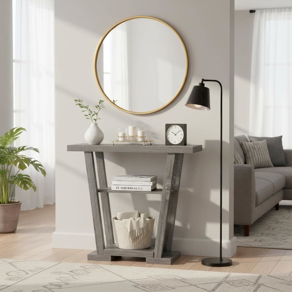 Console Table, Gray Woodgrain, 2 Shelves, Entryway, Sofa