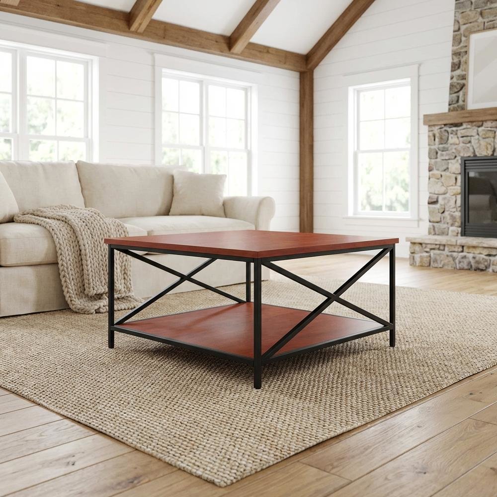 Cherry and Black Metal Square Coffee Table with Shelf and Particle Board Surface